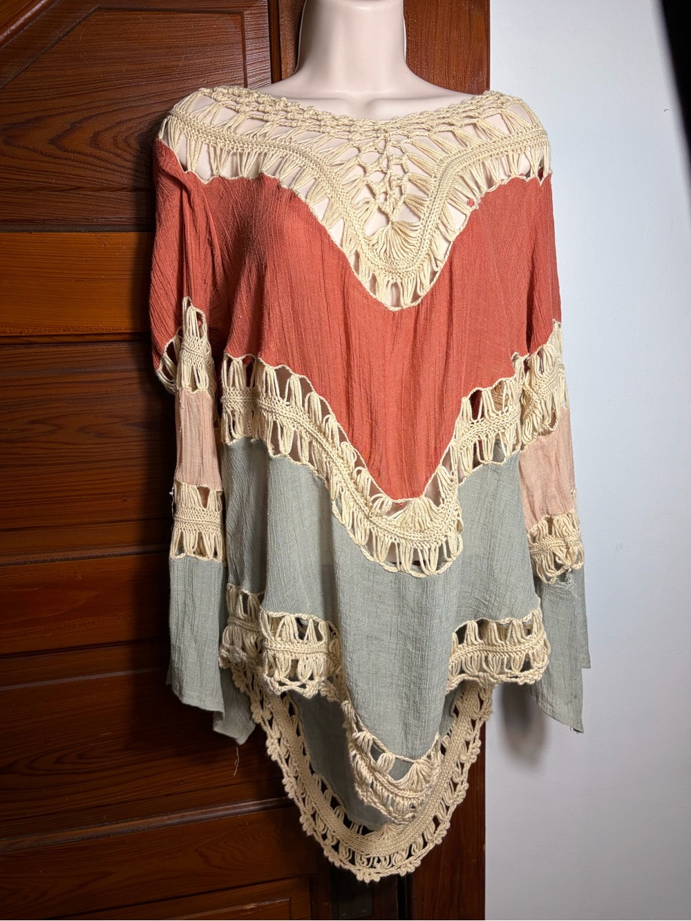 Umgee Rust, Cream & Sage Crochet Trim Poncho